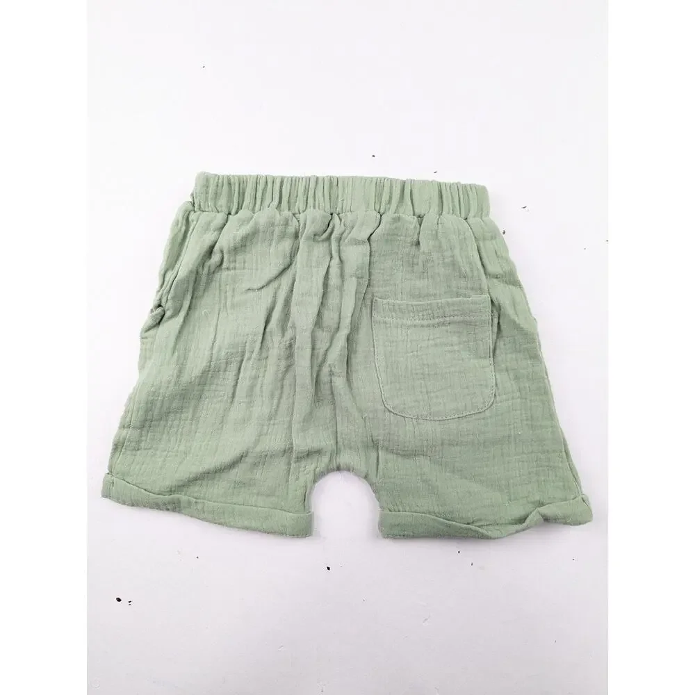 No Brand Sage Green Muslin 2 Piece Shorts & Shirt Set - 12-18 Months
